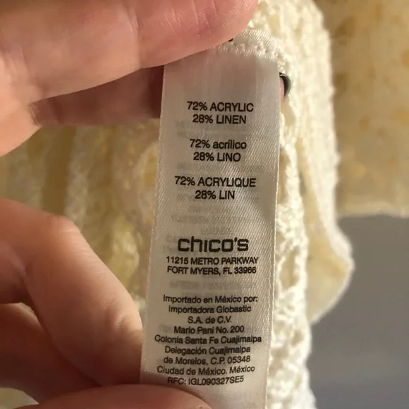 Chico’s Cream Open Knit Three-Quarter Sleeve Linen Blend Crochet Sweater - Picture 8 of 8